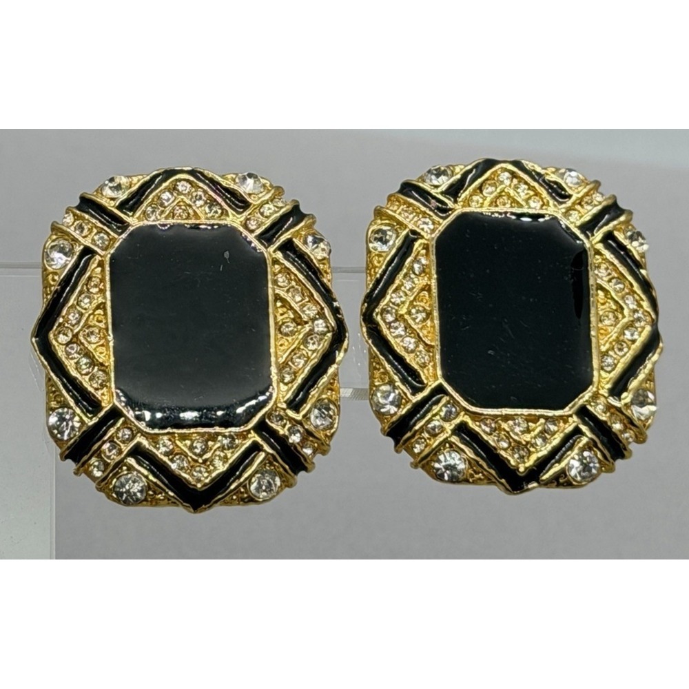Vintage Gold‎ Tone Black Enamel Center Clear Rhinestone Panel Design Clip On - Picture 6 of 11
